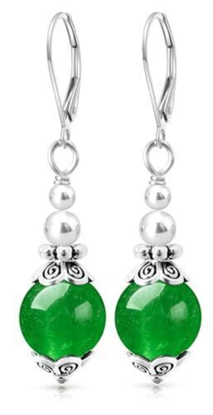 1796 Natural 10mm Green Emerald Gem Stone Bead Drop Earrings,Vintage Silver